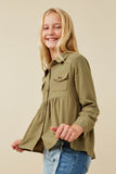 GY6540 Olive Girls Linen Blend Peplum Button Up Shirt Side