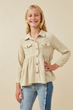 GY6540 Taupe Girls Linen Blend Peplum Button Up Shirt Pose
