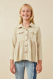 GY6540 Taupe Girls Linen Blend Peplum Button Up Shirt Front