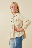 GY6540 Taupe Girls Linen Blend Peplum Button Up Shirt Side