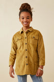 GY6553 Mustard Girls Contrast Paneled Corduroy Button Up Shacket Front