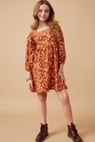 GY6558 RUST Girls Floral Printed Corduroy Pleated Sleeve Dress Full Body