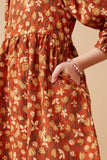 GY6558 RUST Girls Floral Printed Corduroy Pleated Sleeve Dress Detail