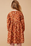 GY6558 RUST Girls Floral Printed Corduroy Pleated Sleeve Dress Back