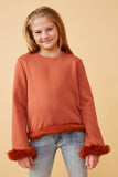 GY6643 Rust Girls Fur Trimmed Long Sleeve Knit Top Front