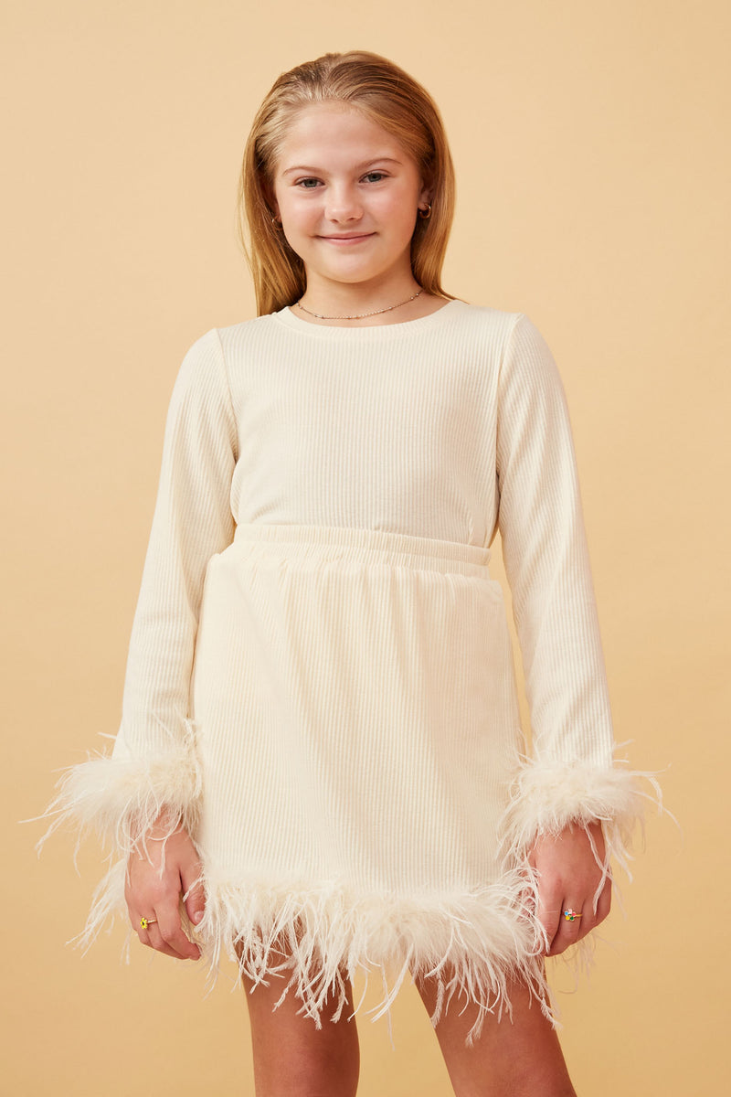 GY6646 IVORY Girls Feather Trimmed Long Sleeve Ribbed Knit Top Front