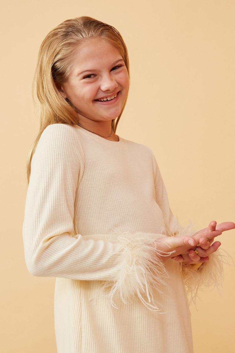 GY6646 IVORY Girls Feather Trimmed Long Sleeve Ribbed Knit Top Detail