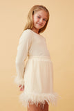 GY6646 IVORY Girls Feather Trimmed Long Sleeve Ribbed Knit Top Side