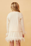 GY6646 IVORY Girls Feather Trimmed Long Sleeve Ribbed Knit Top Back