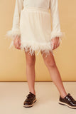 GY6647 IVORY Girls Feather Trimmed Elastic Waist Ribbed Knit Skirt Front
