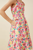 GY6723 PINK Girls Floral Cinch Waist Poplin Tank Dress Side
