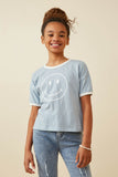 GY6783 Blue Girls Smiley Face Print Contrast Ringer Tee Front