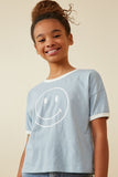 GY6783 Blue Girls Smiley Face Print Contrast Ringer Tee Front 2