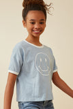 GY6783 Blue Girls Smiley Face Print Contrast Ringer Tee Side