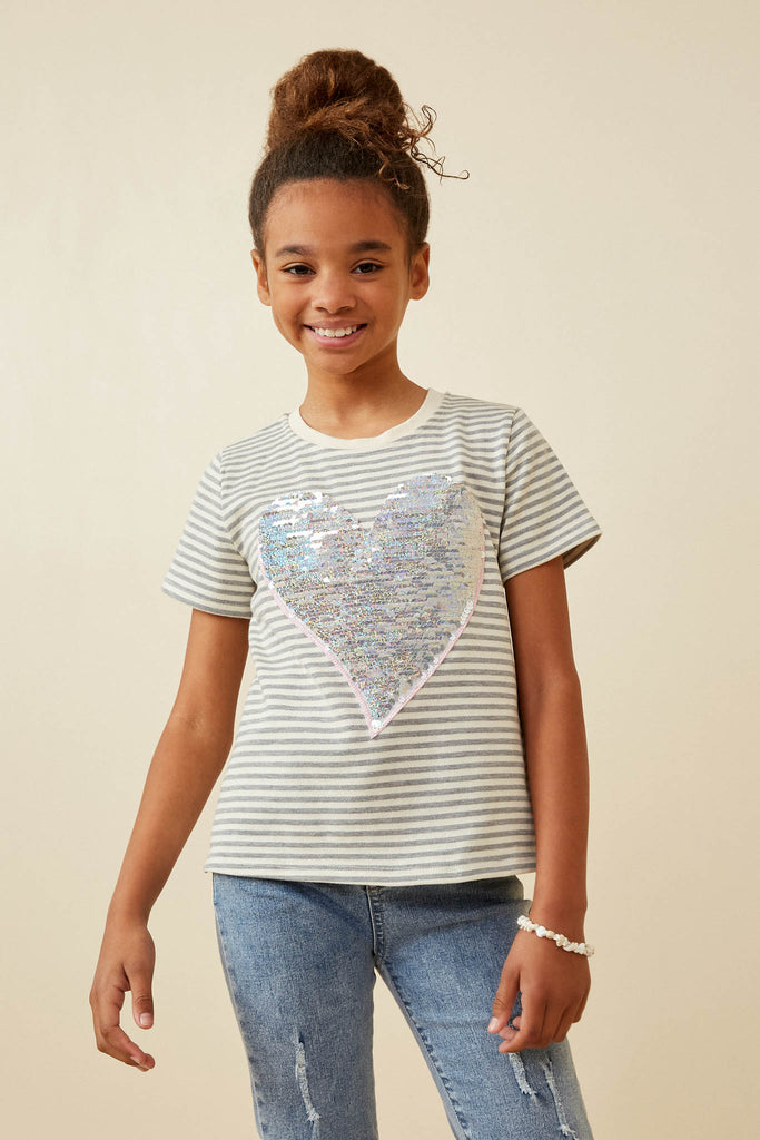 GY6800 GREY Girls Sequin Heart Patch Striped Knit Top Front