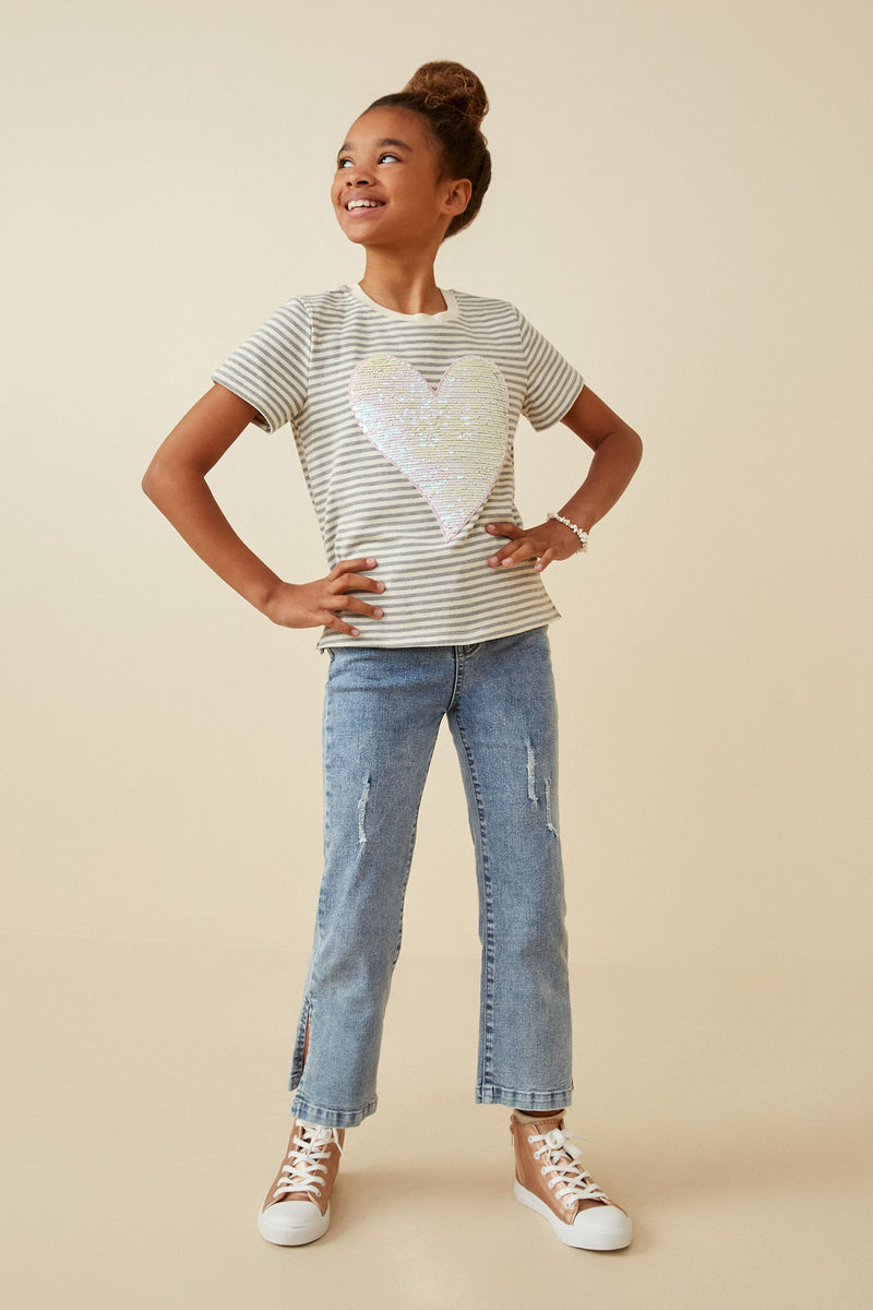 GY6800 GREY Girls Sequin Heart Patch Striped Knit Top Full Body