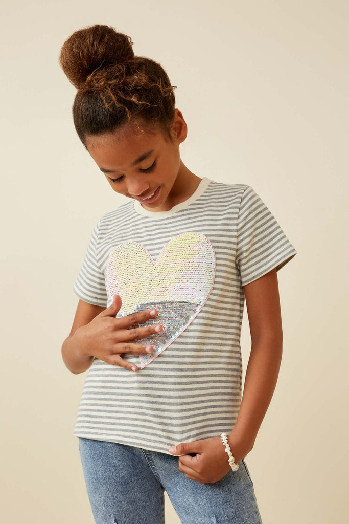 GY6800 GREY Girls Sequin Heart Patch Striped Knit Top Front 2