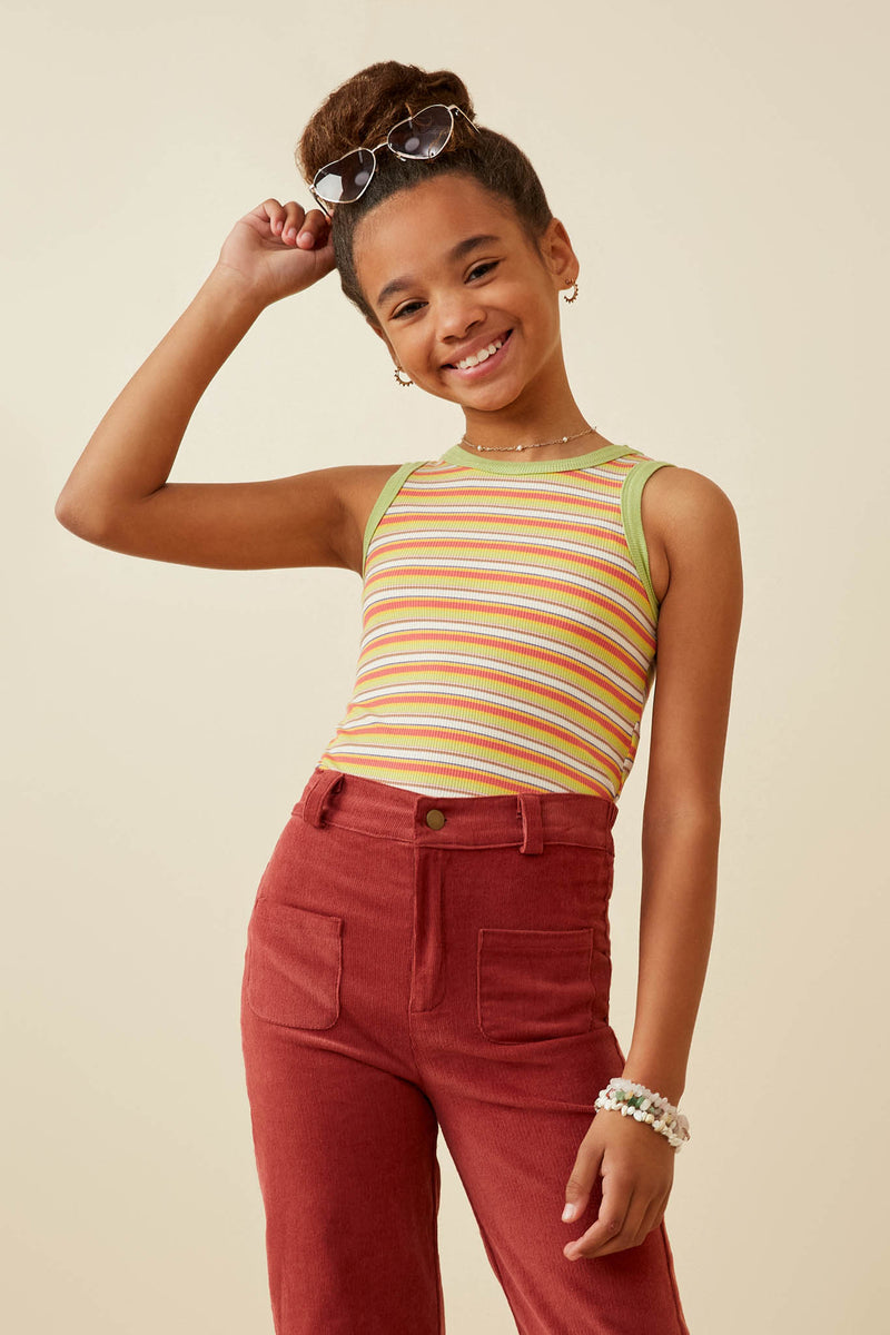 GY6960 Sage Mix Girls Contrast Binding Striped Knit Ribbed Tank Pose
