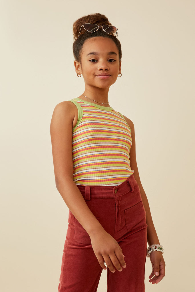 GY6960 Sage Mix Girls Contrast Binding Striped Knit Ribbed Tank Front
