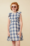 GY7393 Blue Girls Gauze Textured Flannel Print Ruffled Dress Front