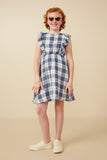 GY7393 Blue Girls Gauze Textured Flannel Print Ruffled Dress Full Body
