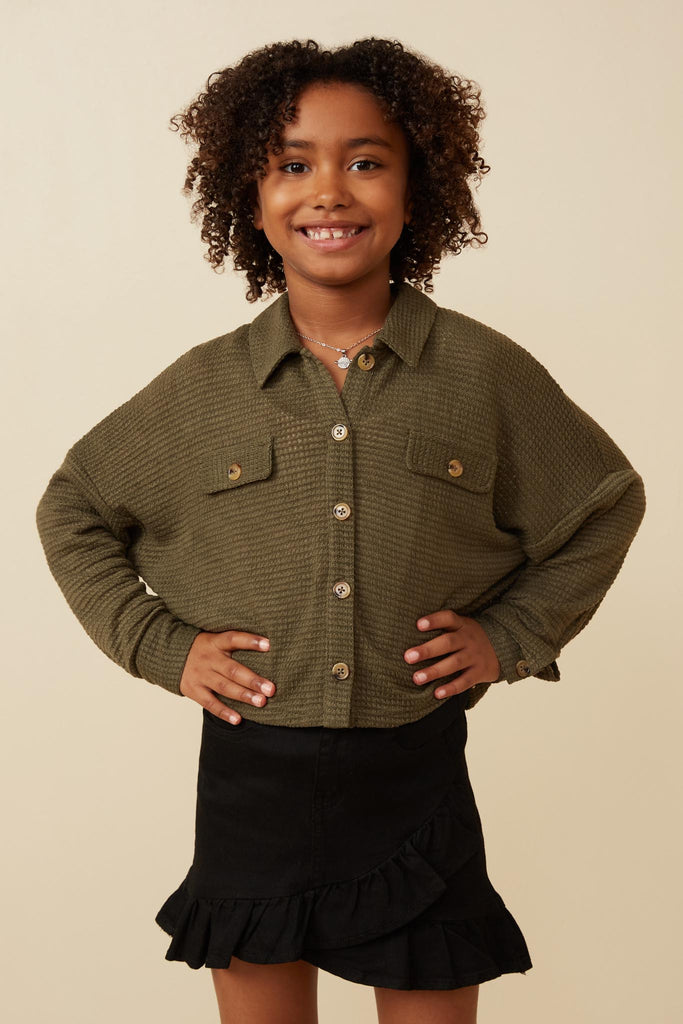 Girls Soft Waffle Knit Dolman Button Up Shirt Pose