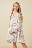 GY7626 Blush Girls Velvet Long Sleeve Statement Butterfly Print Dress Pose