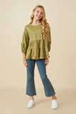 GY7663 Olive Girls Vegan Suede Tiered Puff Sleeve Top Full Body