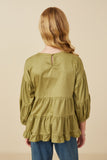 GY7663 Olive Girls Vegan Suede Tiered Puff Sleeve Top Back