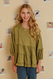 GY7663 Olive Girls Vegan Suede Tiered Puff Sleeve Top Front