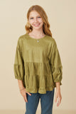 GY7663 Olive Girls Vegan Suede Tiered Puff Sleeve Top Front 2