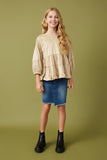 GY7663 Taupe Girls Vegan Suede Tiered Puff Sleeve Top Full Body