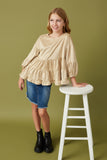 GY7663 Taupe Girls Vegan Suede Tiered Puff Sleeve Top Pose 2
