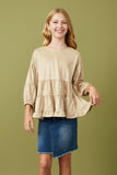 GY7663 Taupe Girls Vegan Suede Tiered Puff Sleeve Top Front