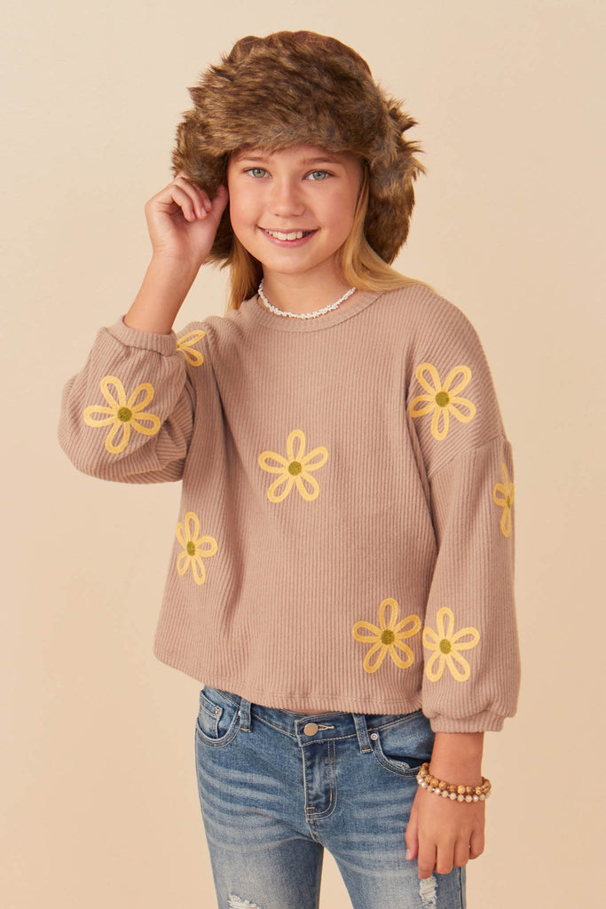Girls Brushed Rib Knit Embroidered Daisy Top Pose