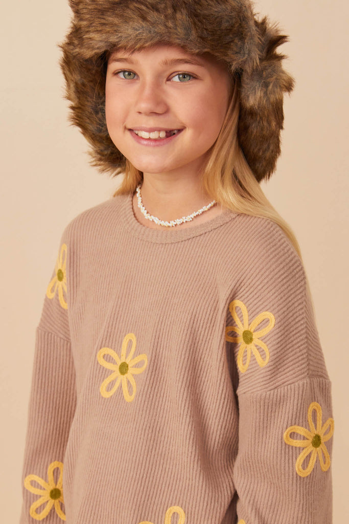 Girls Brushed Rib Knit Embroidered Daisy Top Front