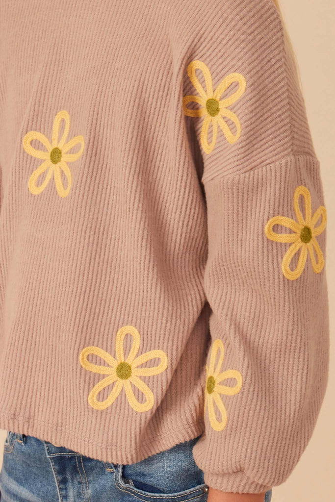 Girls Brushed Rib Knit Embroidered Daisy Top Detail