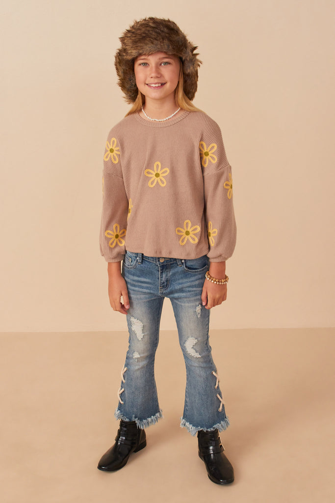 Girls Brushed Rib Knit Embroidered Daisy Top Full Body