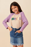 GY7679 Taupe Girls Merci Applique Brushed Color Block Raglan Top Front