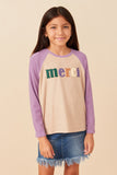 GY7679 Taupe Girls Merci Applique Brushed Color Block Raglan Top Front 2