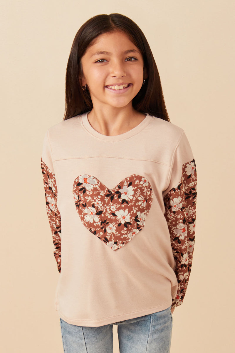 Girls Botanical Contrast Heart Patch French Terry Knit Top Front
