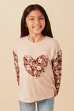 Botanical Contrast Heart Patch French Terry Knit Top