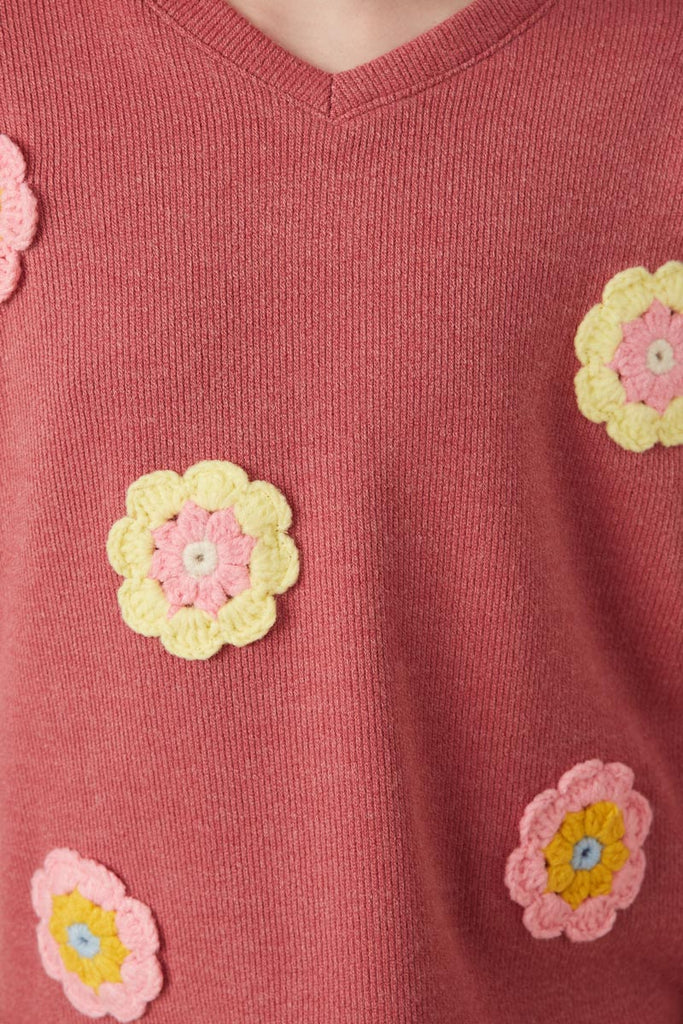 Girls Handmade Crochet Floral Detail Brushed Ribbed Knit Top Detail