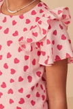 Girls Heart Print Ruffle Shoulder Short Sleeve Top Detail