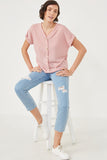 HDN4632 PINK Womens Textured Knit Buttoned Twist Front Top Pose