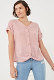 HDN4632 PINK Womens Textured Knit Buttoned Twist Front Top Front