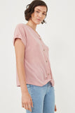 HDN4632 PINK Womens Textured Knit Buttoned Twist Front Top Side