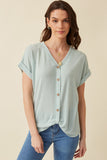 HDN4632 SAGE Womens Textured Knit Buttoned Twist Front Top Front