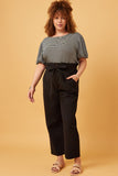 HDY5871W BLACK Plus Striped Puff Sleeve Knit T Shirt Full Body