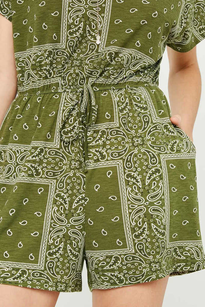 HJ3373 Olive Womens Bandana Print Pocket Knit Romper Detail